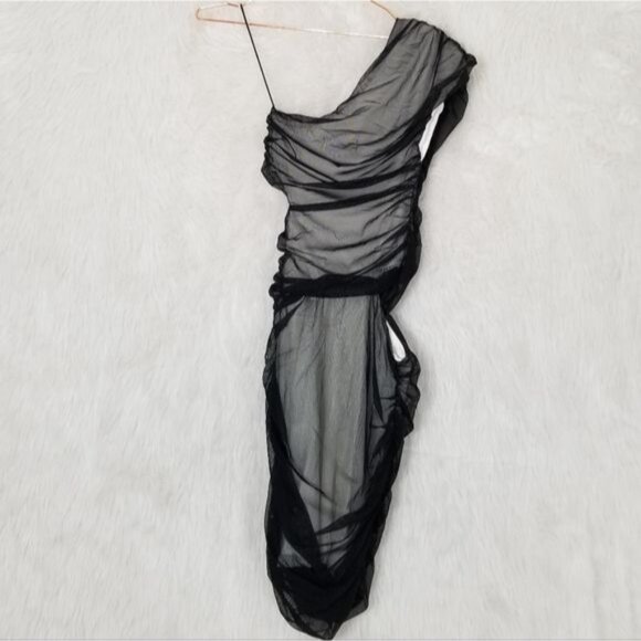 Wayne Sheer Black Mesh Overlay One-Shoulder Cut-Out Ruched Dress 0 - Picture 1 of 8